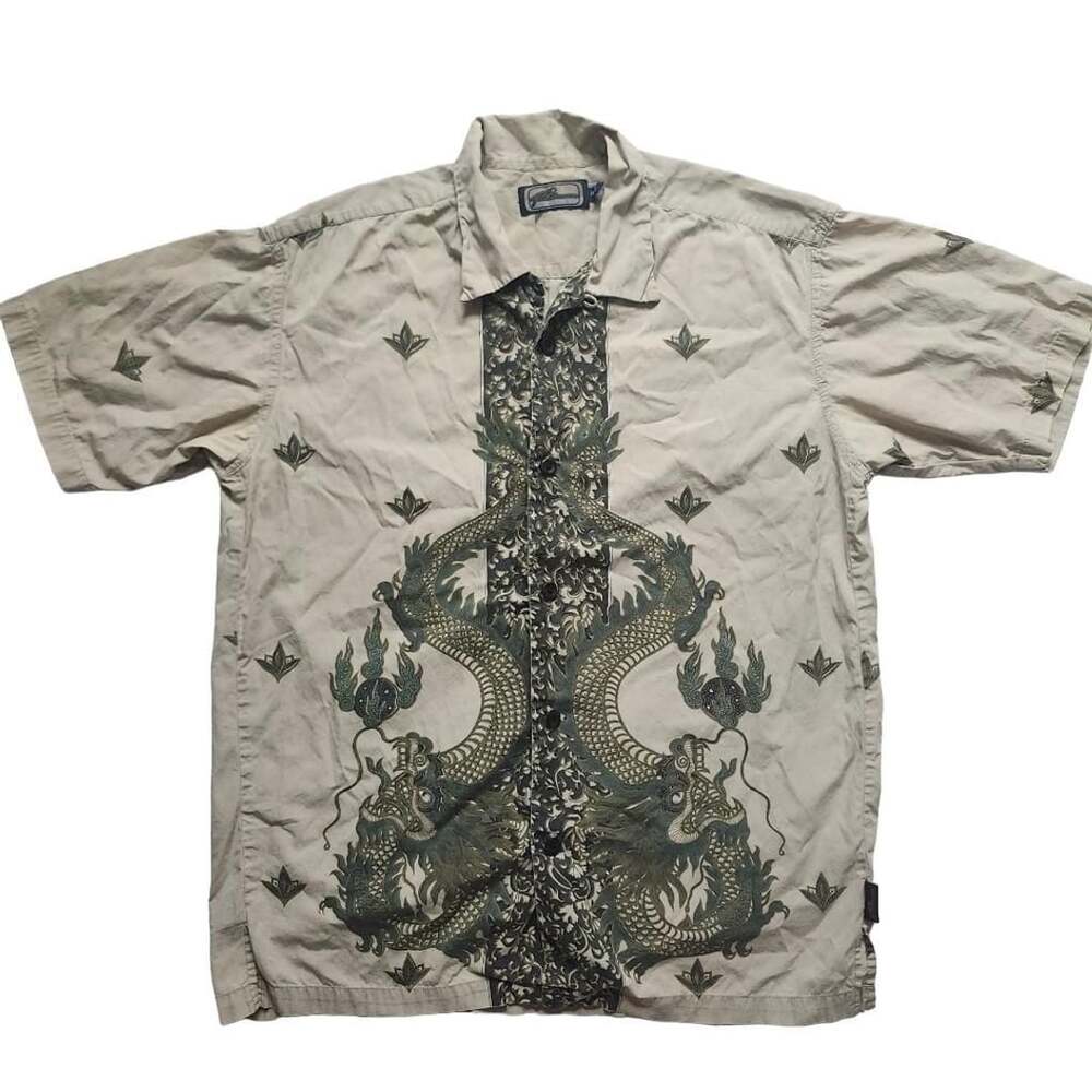 R2 Dragon Print Short Sleeve Button Up Hawaiian Shirt Tan Size Medium